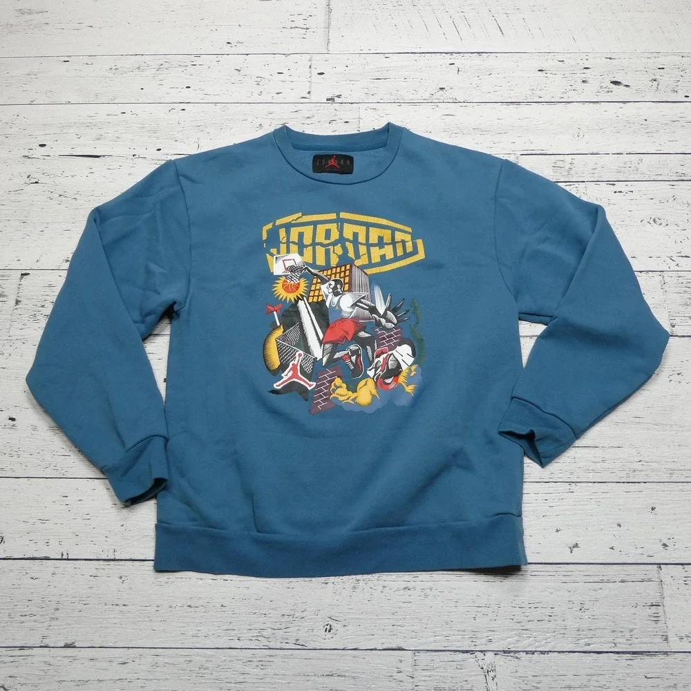 Jordan Sweatshirt Mens Medium Blue Crewneck Graphic Jumpman Basketball Pullover